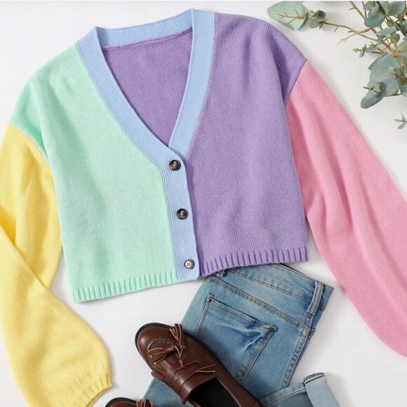 ⭐️Colorblock Button Up Rainbow Cardigan Hipster Boho Hippie Artsy Trendy Sweater - Picture 1 of 6